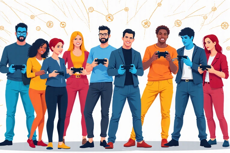 Une communauté de gamers stylisée et connectée, symbolisant l'union et la passion pour le jeu vidéo.