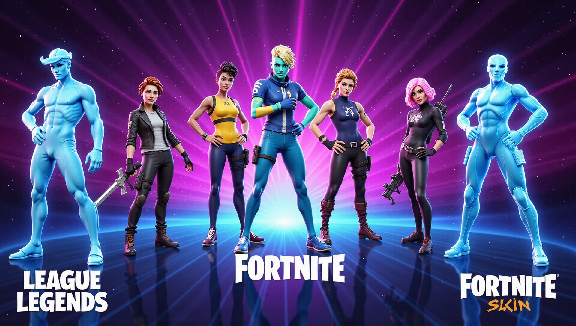 Bannière dynamique avec des skins de jeux populaires et des effets de néon