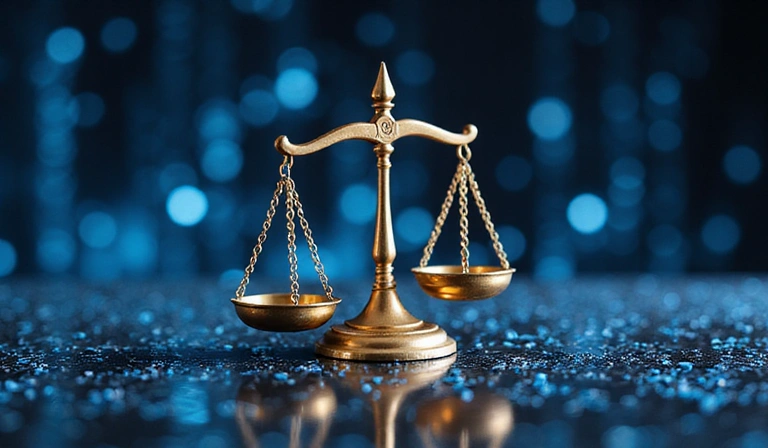 Illustration d'une balance de justice stylisée sur un fond abstrait numérique