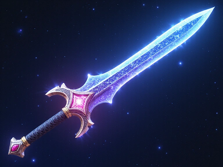 Image principale du skin légendaire 'L'Épée du Dragon Céleste' en haute résolution, montrant sa lame forgée dans les étoiles et son pommeau orné de rubis.