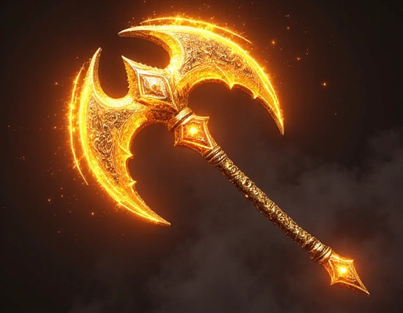 Skin 'Fureur Divine', une hache de guerre dorée et lumineuse.